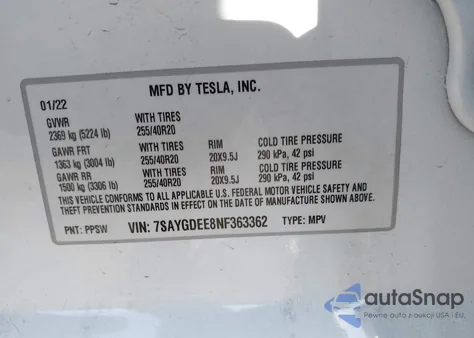 2022 Tesla Model Y Long Range Dual Motor All-Wheel Drive z USA, uszkodzony, nr VIN 7SAYGDEE8NF363362